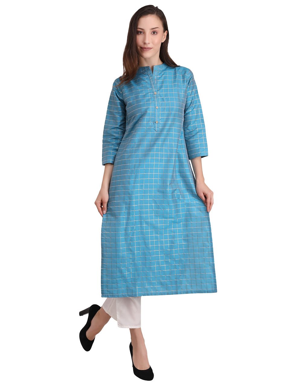 Thumbnail: Blue Geometric Printed Cotton Silk Party Wear Women Kurta