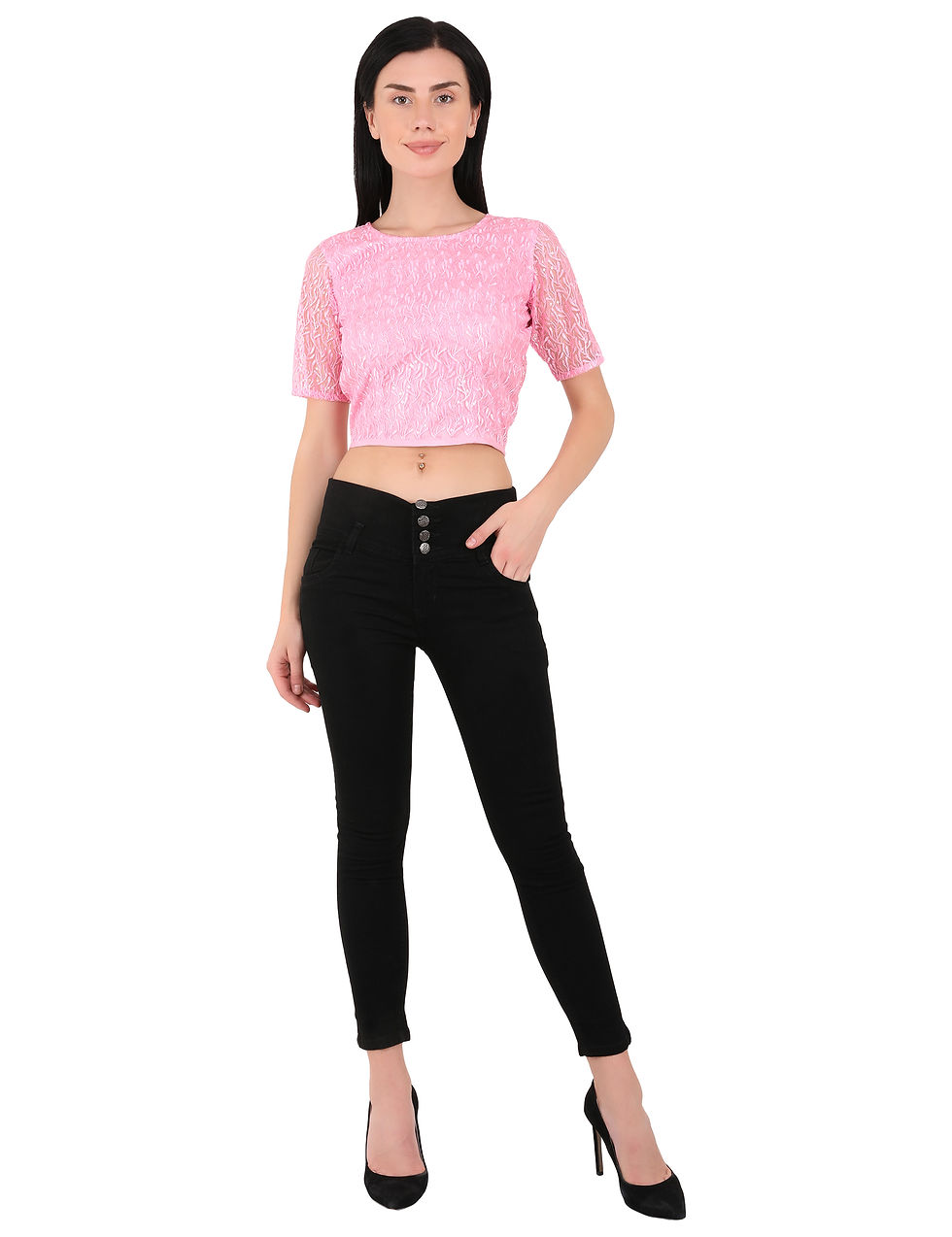 Thumbnail: UNFAKENOW Women Party Regular Sleeves Floral Embroidered Women Pink Crop Top