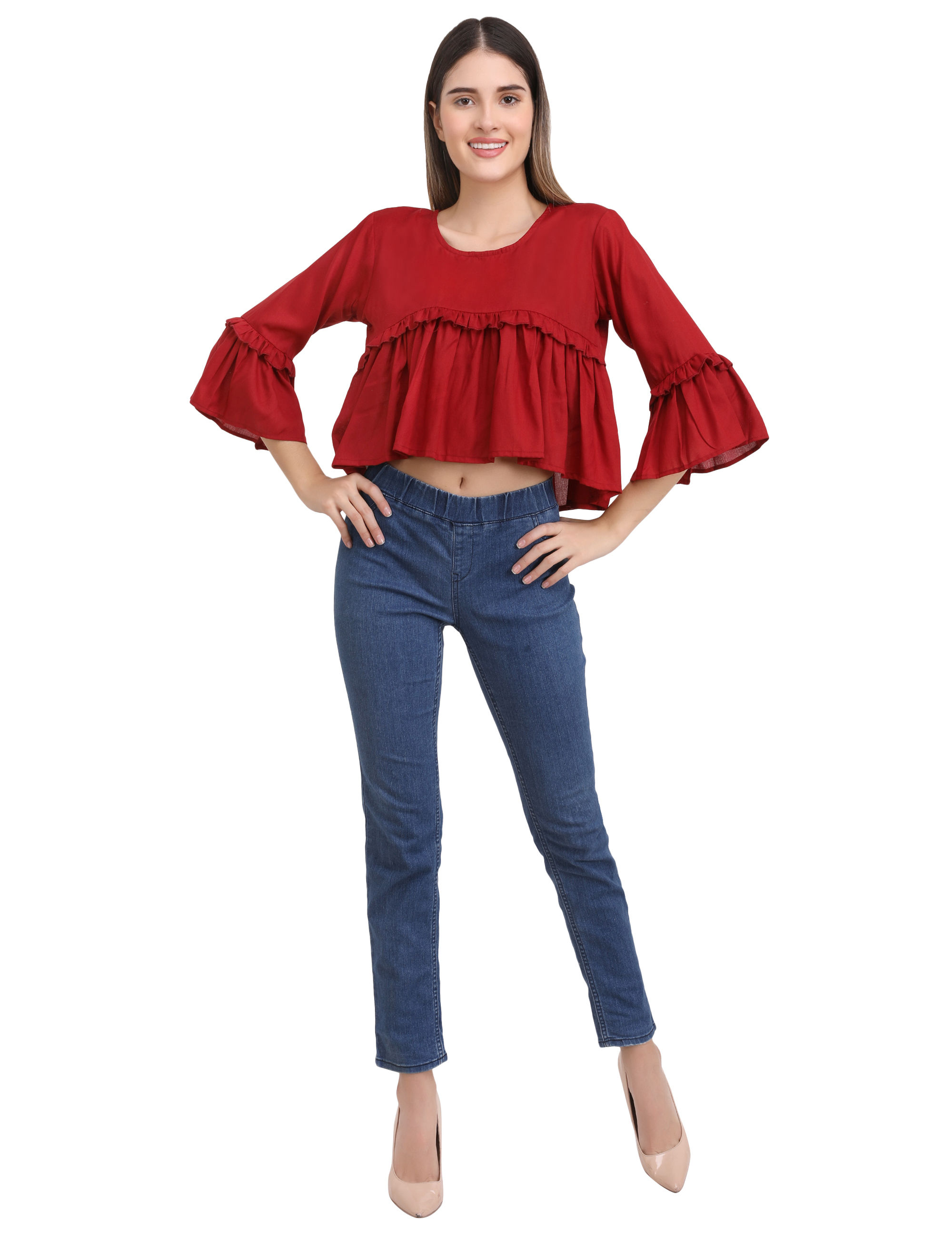 Maroon Bell Sleeves Solid Cotton Women Ruffle Top