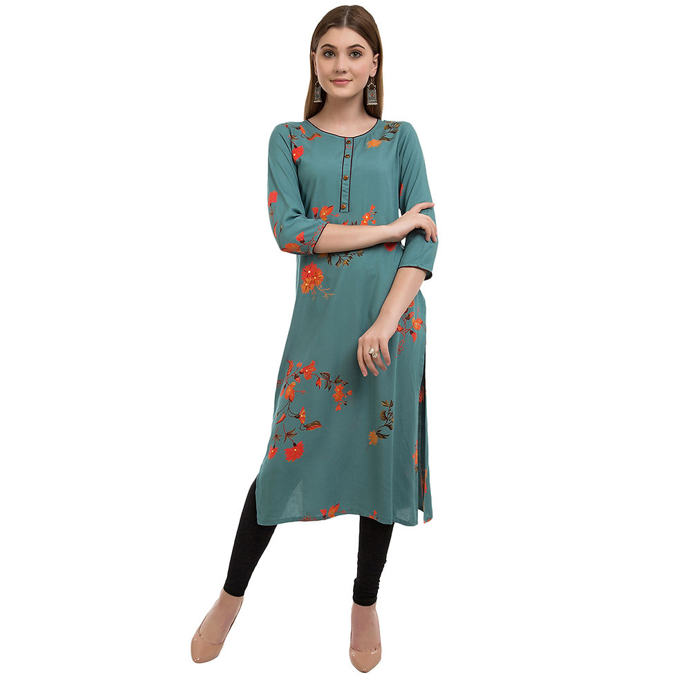 Thumbnail: UNFAKENOW  Women Floral Print Cotton Blend Straight Sea Green Kurta