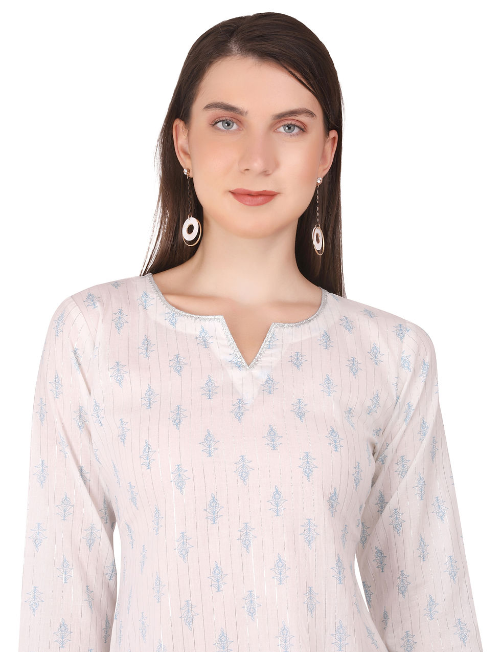Thumbnail: Blue Floral Printed 3/4 sleeve Cotton Women Trendy Long Top Tunic Short Kurta