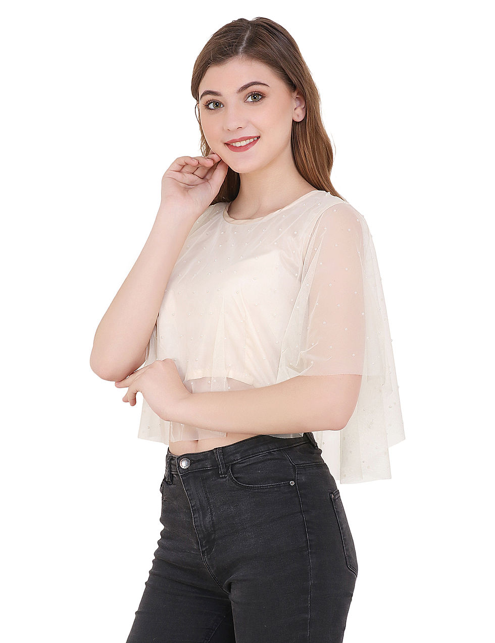 Thumbnail: Women Stylish Ethnic Net Short Cute Pearl Embellished Glitter Fancy Crop Top