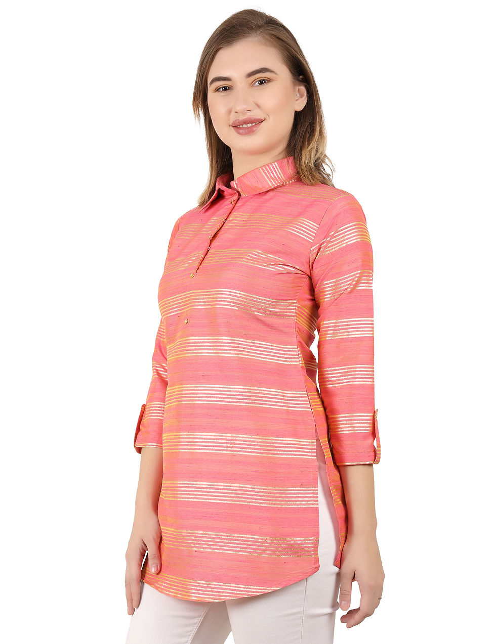 Thumbnail: UNFAKENOW Casual Shirt Style Roll-up Sleeve Striped Women Pink Top