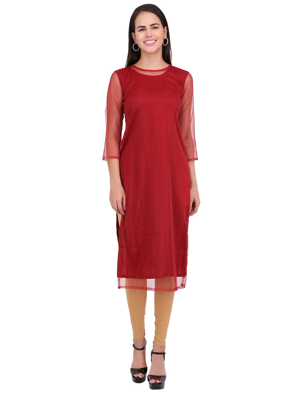 Thumbnail: UNFAKENOW  Women Polka Dot Embellished Net Straight Maroon Kurta
