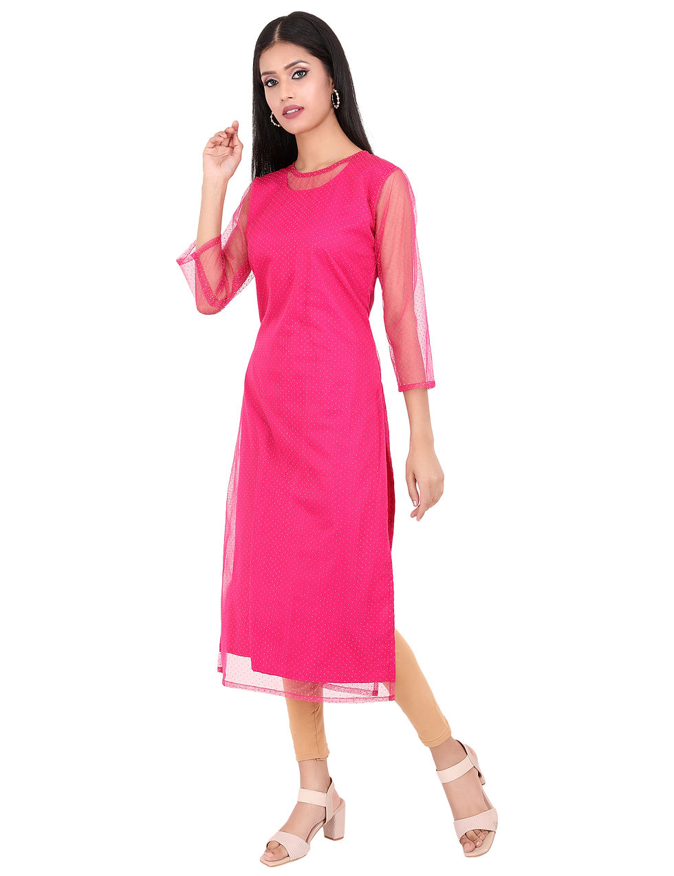 Thumbnail: Pink Net Polka Dot Embellished Casual Wear Women Kurta