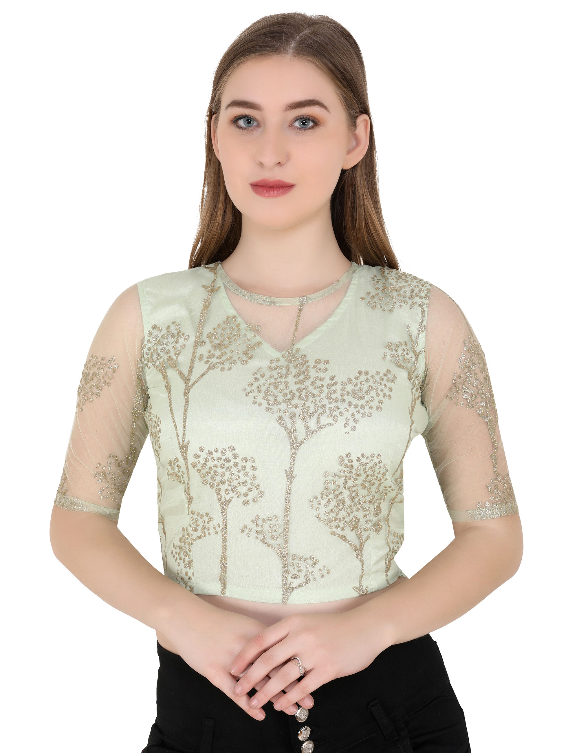 UNFAKENOW Party Half Sleeve Embellished Women Green Top