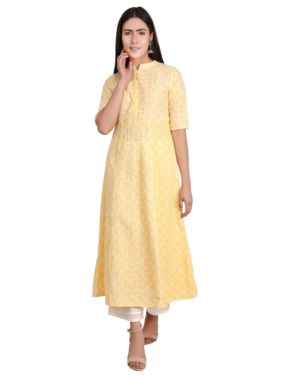 Thumbnail: Yellow Floral Embroidered Cotton Blend Flared Women Kurta