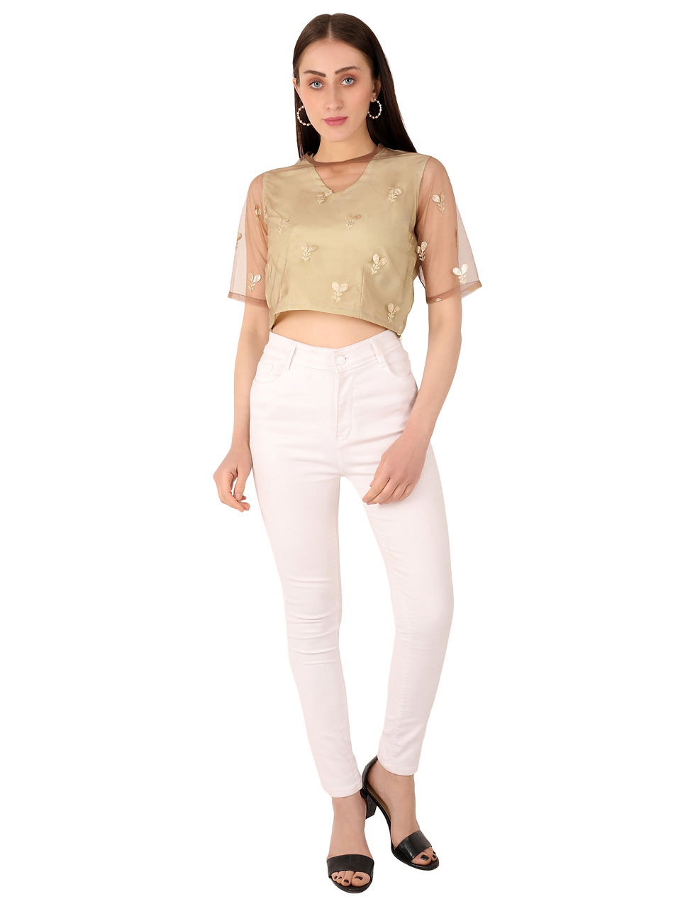 Thumbnail: women stylish peasant gold floral print net cotton green blouse ethnic crop top