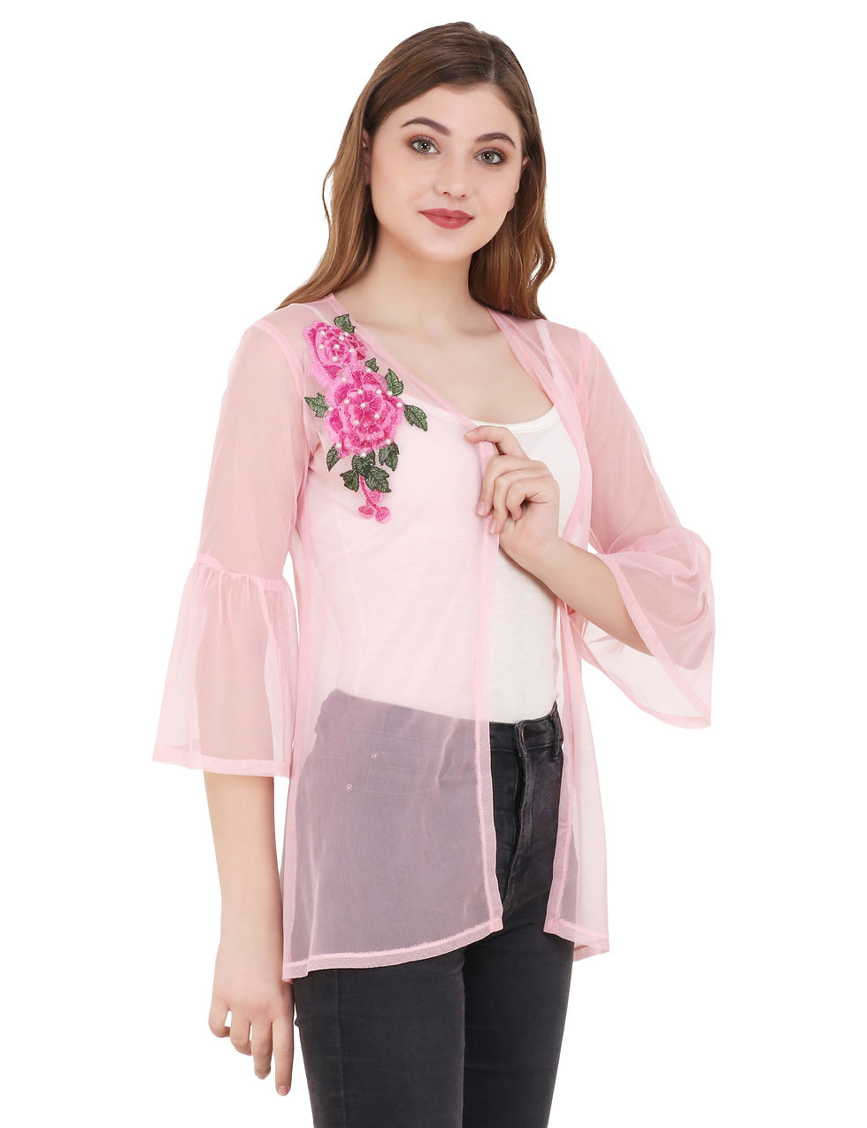 Thumbnail: Pink Floral Embroidered Pearl Embellished 3/4th Sleeve Women Net Sheer Shrug