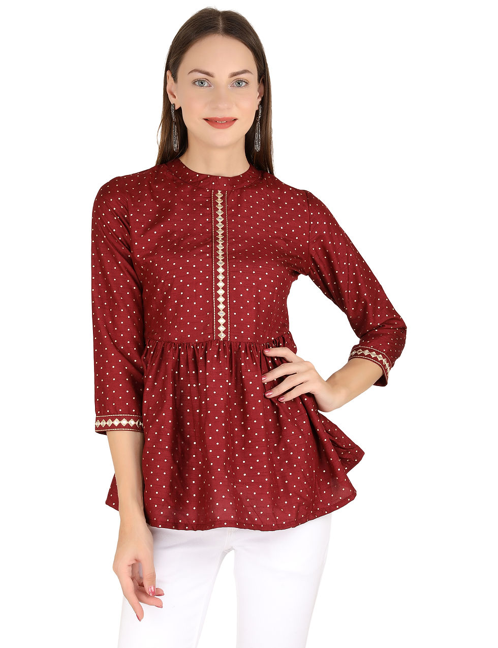 Thumbnail: UNFAKENOW  Casual 3/4 Sleeve Polka Foil Print Women Maroon Cotton Top