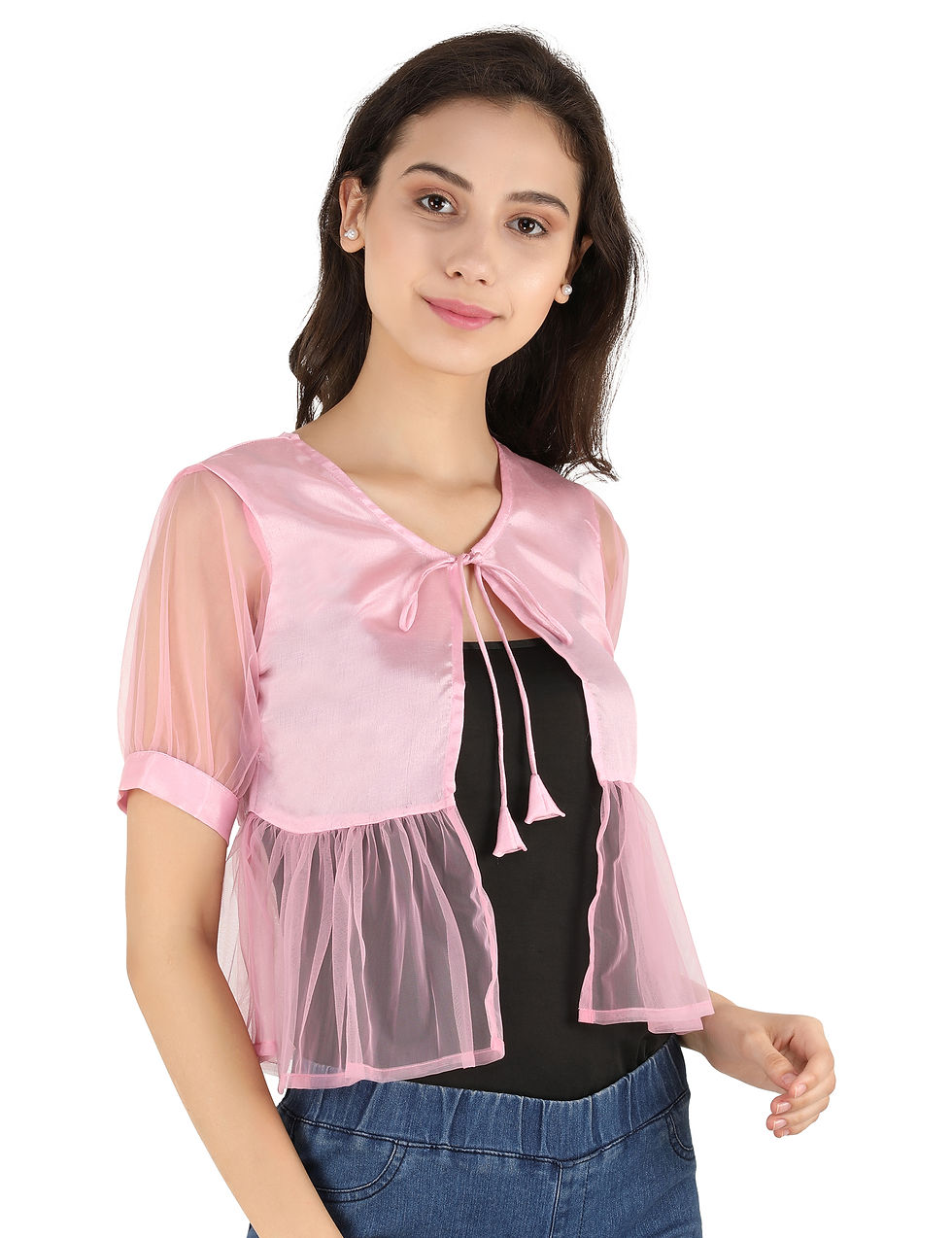 Thumbnail: Pink Solid Cotton Net Jacket Style Women Short Shrug
