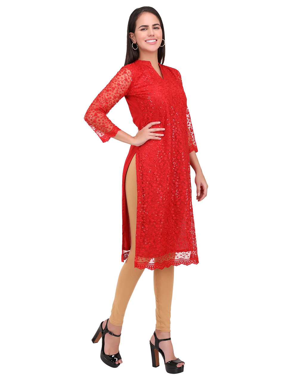 Thumbnail: UNFAKENOW  Women Floral Embroidered Net Straight Red Kurta