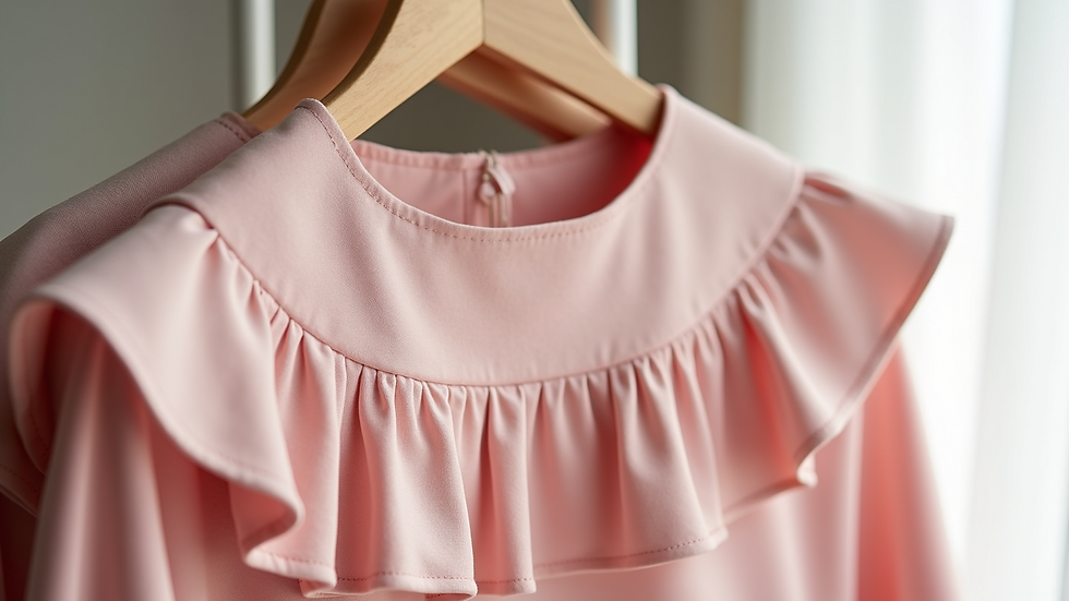 Close-up view of a pastel pink cape top with ruffle details on a hanger