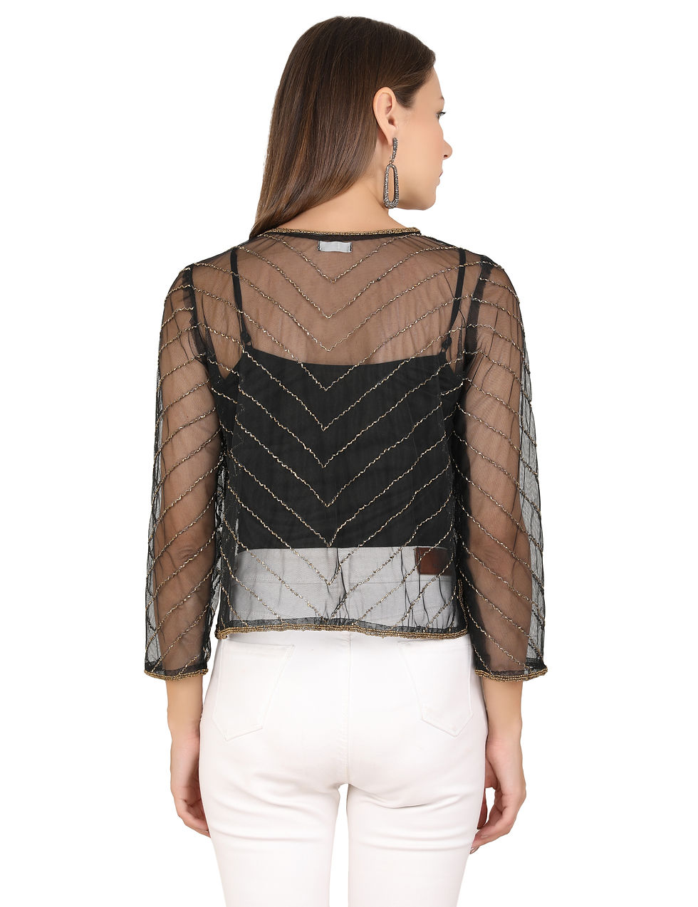Thumbnail: UNFAKENOW  Women Jacket Style Full Sleeve Embellished Net Black Shrug