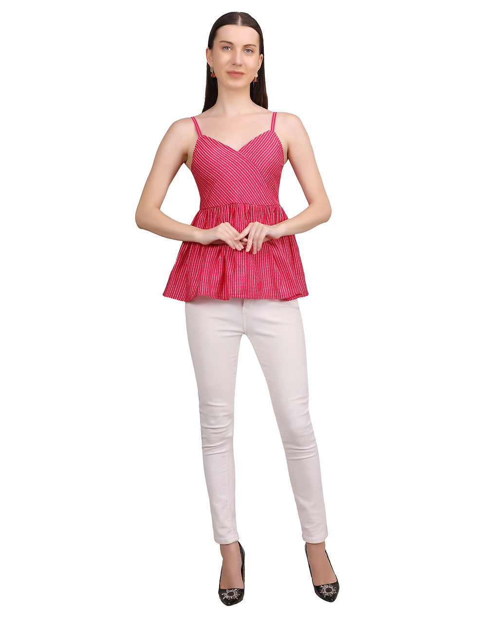 Thumbnail: Pink Women Western Wear Stripe Polka Printed Cotton Sleeveless Peplum Cami Top