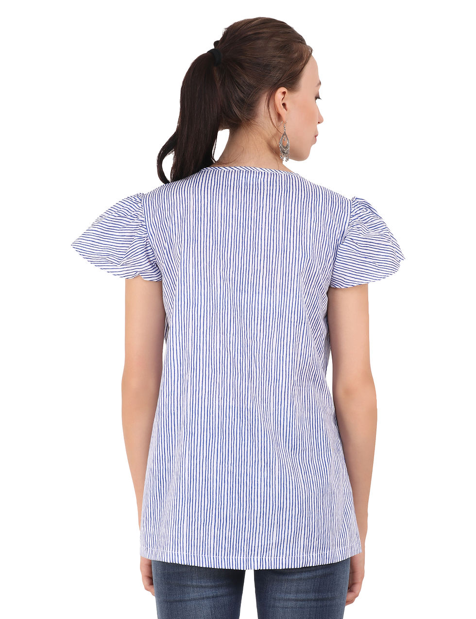 Thumbnail: UNFAKENOW  Casual Flutter Sleeve Striped, Embroidered Women Multicolor Top