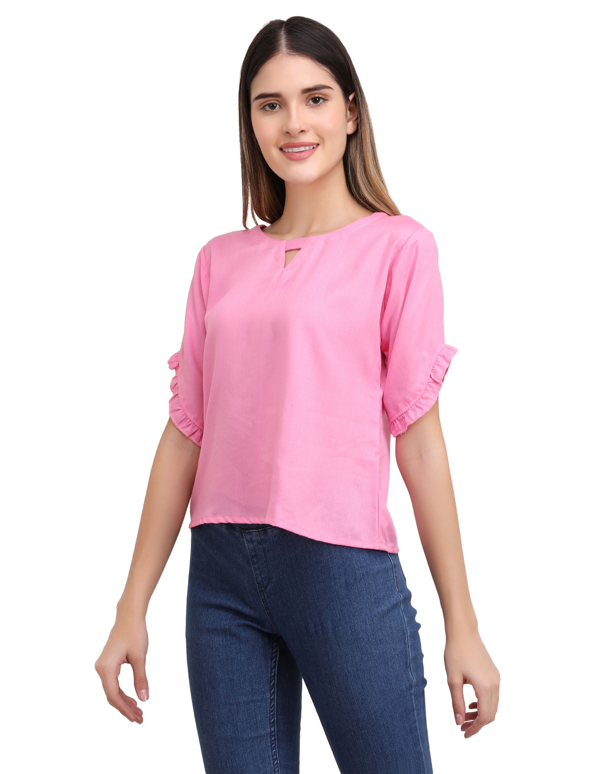 Pink Short Sleeves Solid Rayon Women Top