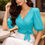 Thumbnail: Women Turquoise Puff Sleeve Casual Wrap Crop Top