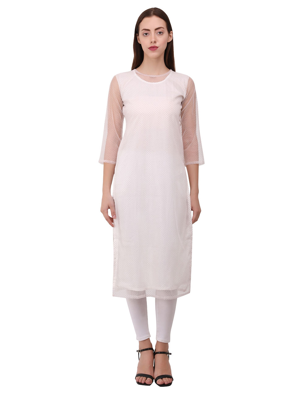 Thumbnail: White Net Golden Polka Dot Embellished Women Kurta