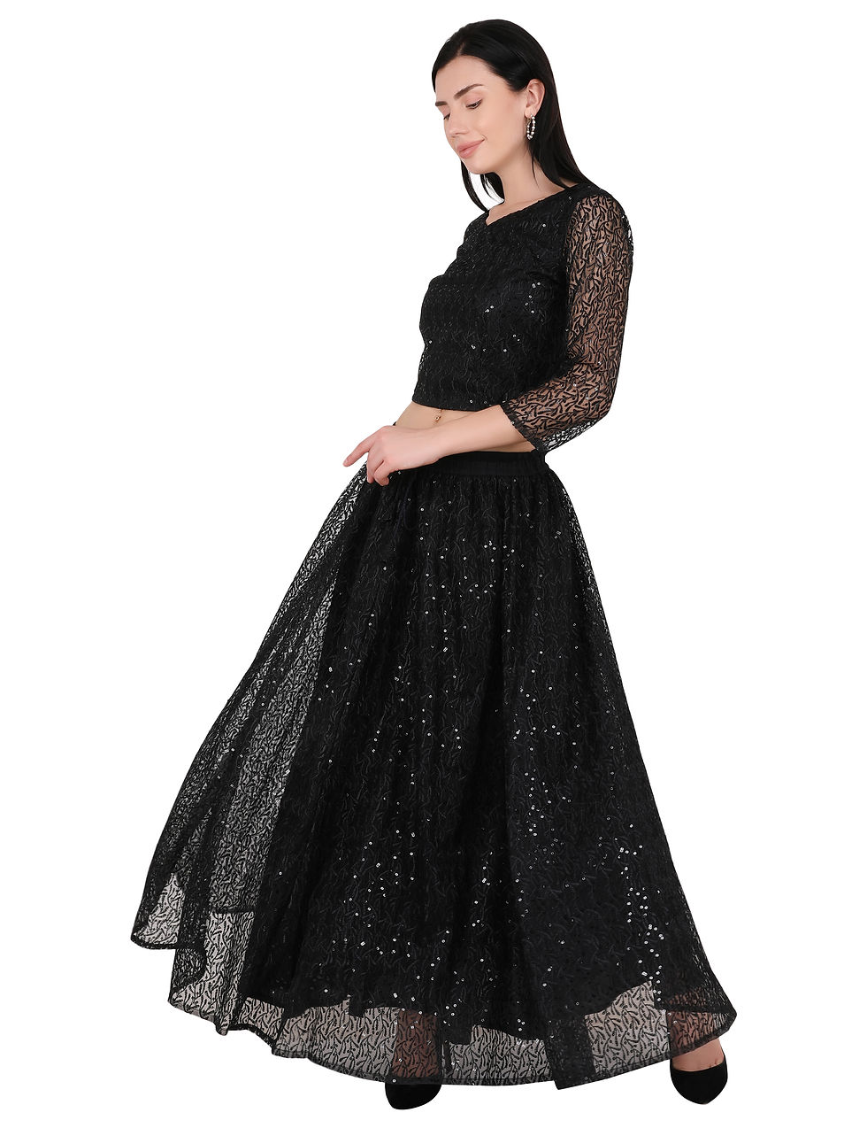 Thumbnail: UNFAKENOW Women Floral Embroidery Black Top Skirt Set