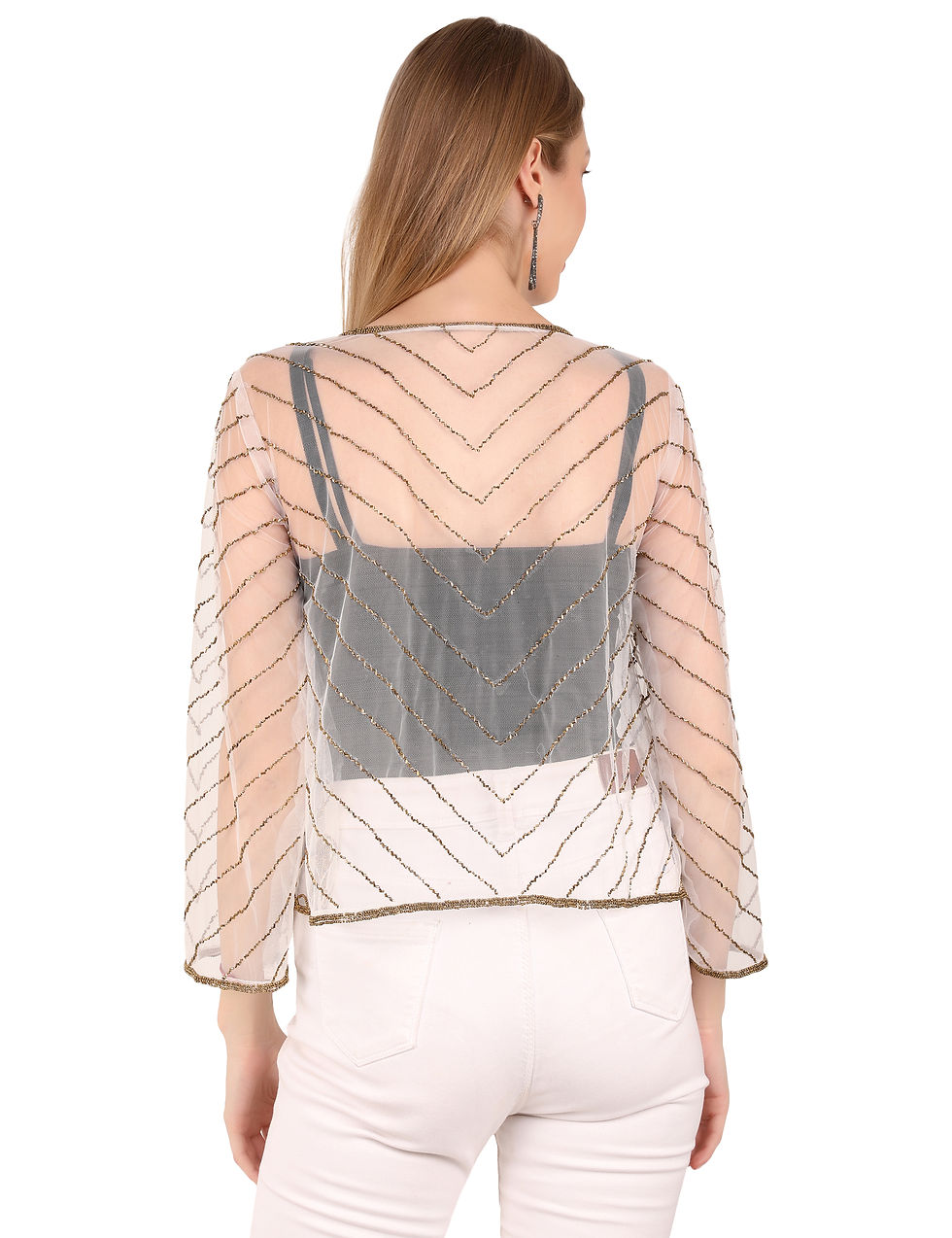 Thumbnail: Women Jacket Style Full Sleeve White Embellished Net  Shrug