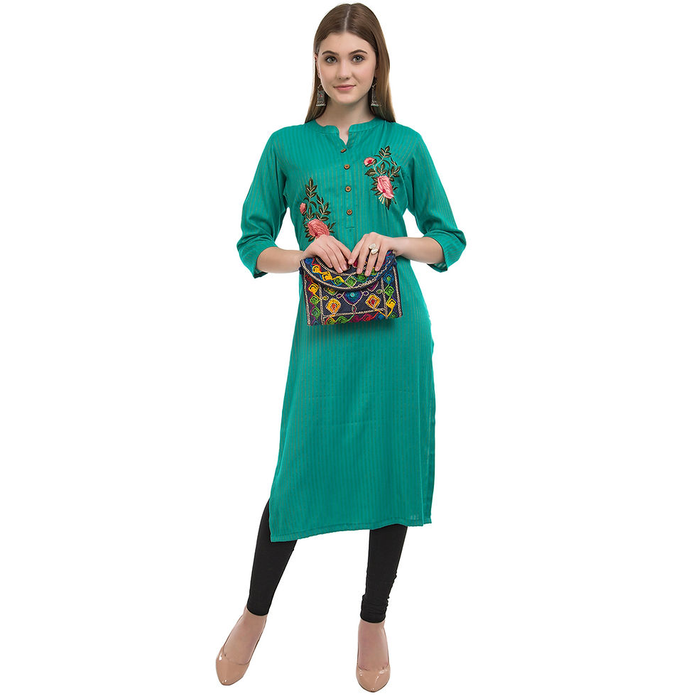 Thumbnail: UNFAKENOW  Women Embroidered Cotton Blend Straight Dark Green Kurta