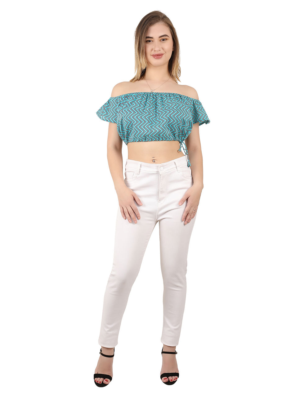 Thumbnail: UNFAKENOW Casual Short Sleeve Chevron/Zig Zag Women Off Shoulder Blue Top