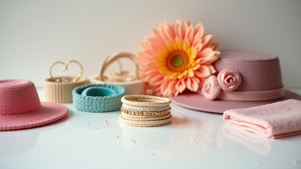 Close-up view of assorted colorful fashion accessories on a white surface