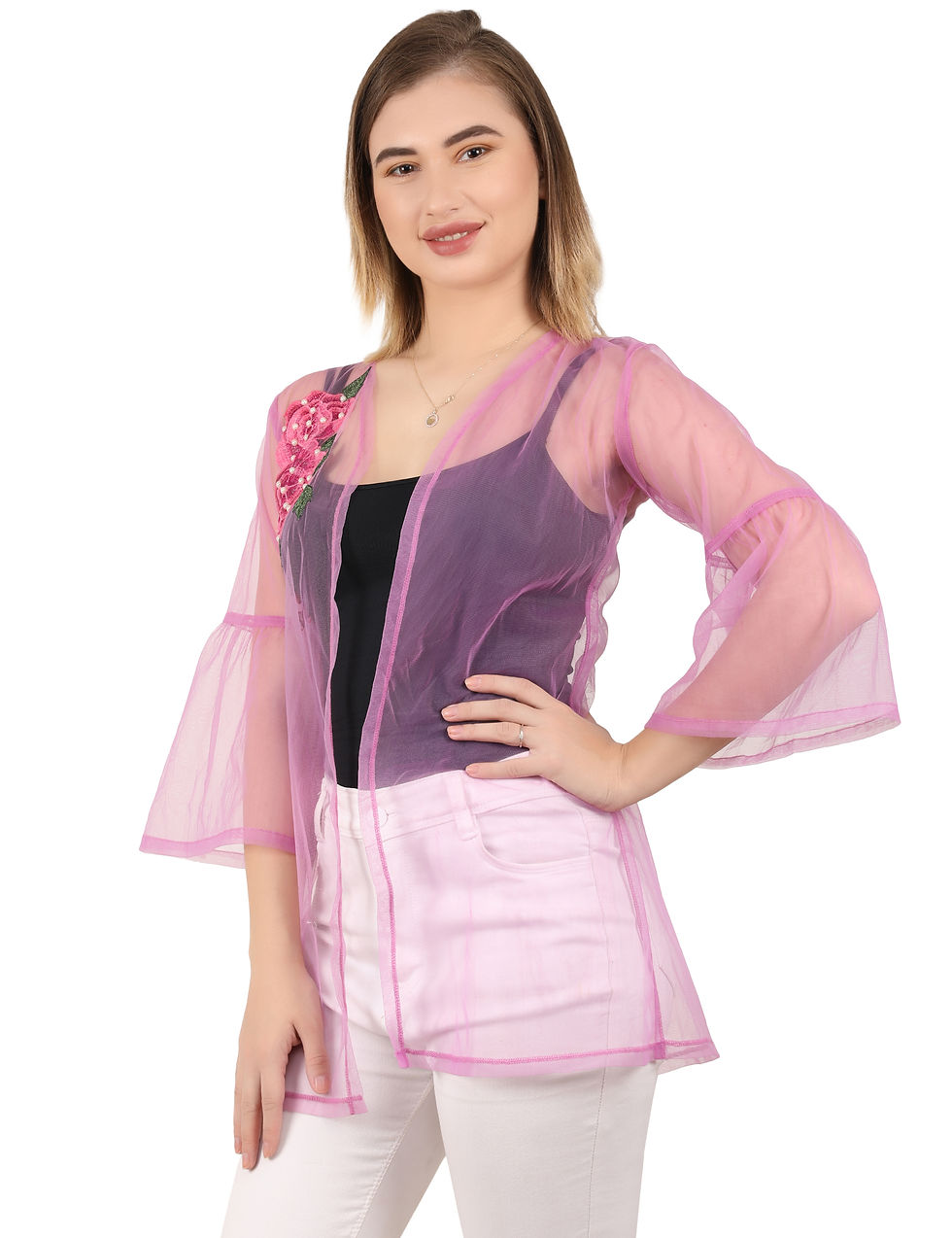 Thumbnail: UNFAKENOW Women Kimono Style Embroidered  3/4th Sleeve Purple Shrug