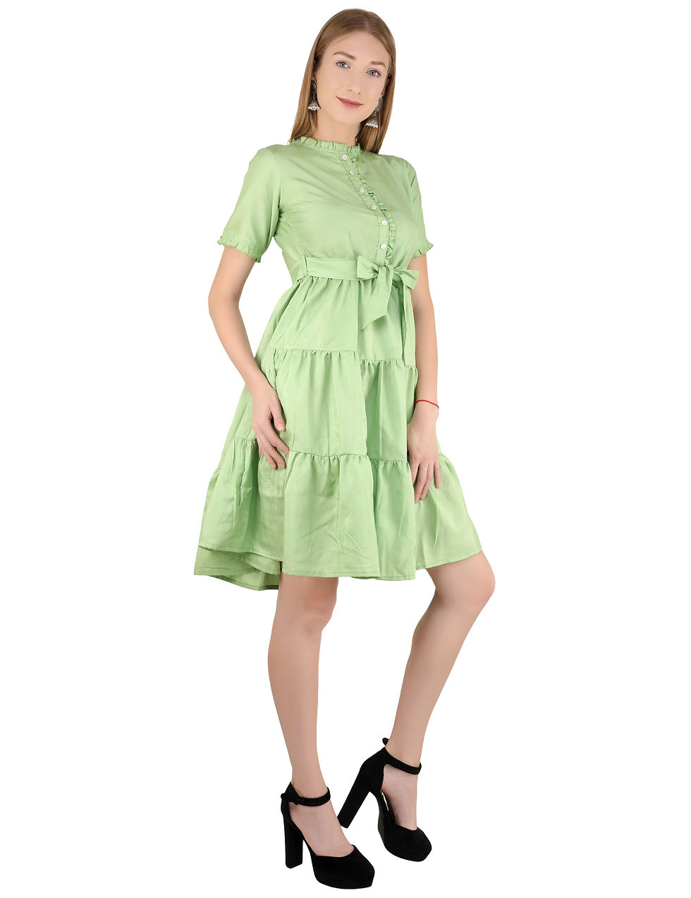 Thumbnail: UNFAKENOW  Women Solid Gathered Light Green Cotton Silk  Dress