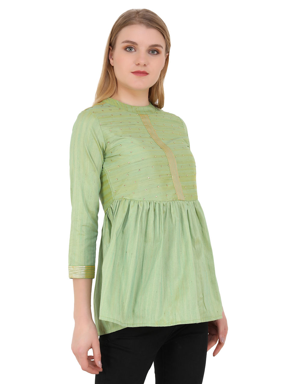 Thumbnail: UNFAKENOW  Casual 3/4 Sleeve Embellished Women Green Top