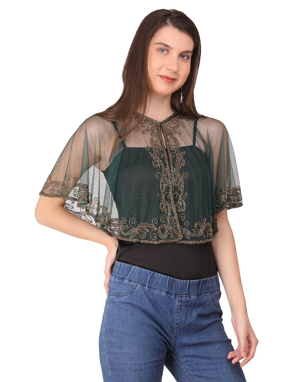 Thumbnail: women ethnic golden poncho fancy open front sequin net embellished short shrug