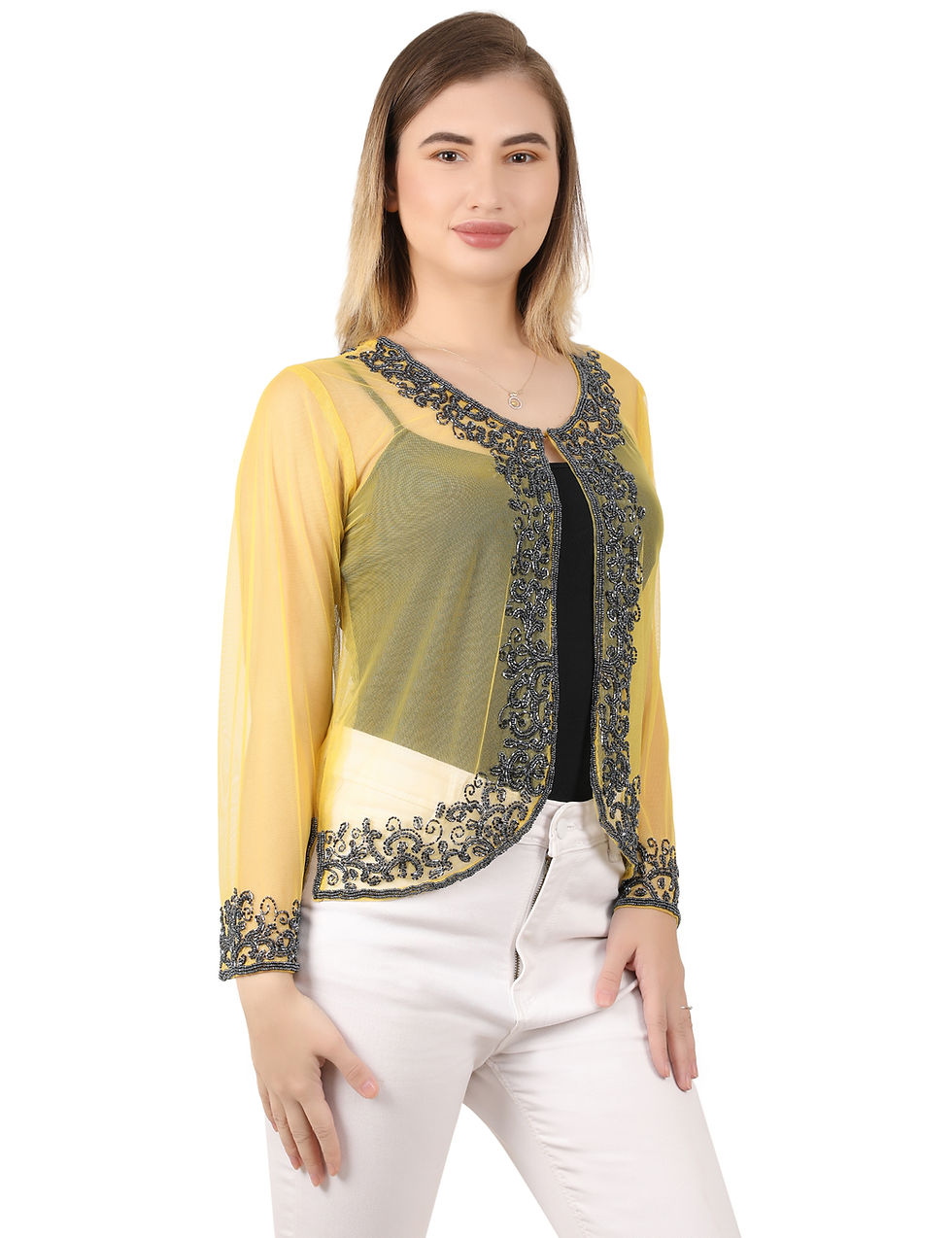 Thumbnail: Yellow Net Sequence Embellished Jacket Style Party Wear Women Short Shrug