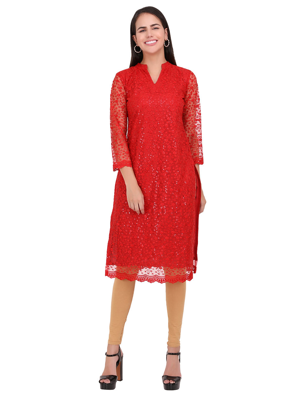 Thumbnail: UNFAKENOW  Women Floral Embroidered Net Straight Red Kurta