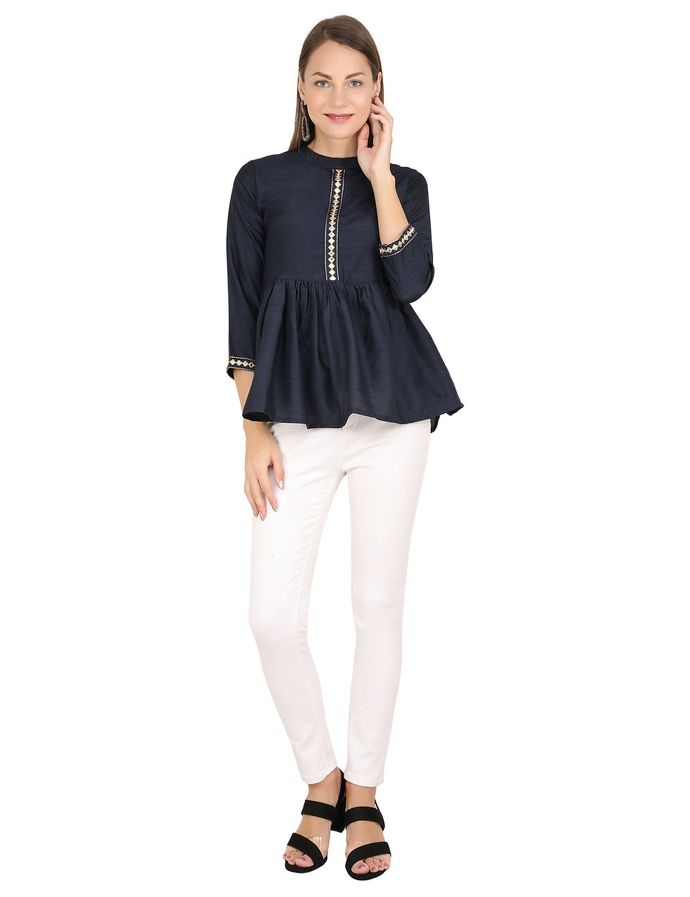 Thumbnail: UNFAKENOW  Casual 3/4 Sleeve Solid Women Dark Blue Cotton Top