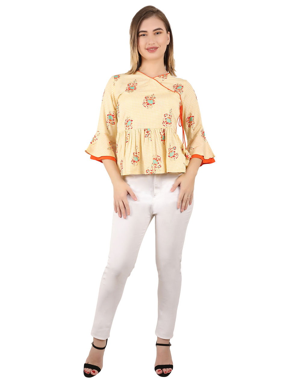 Thumbnail: yellow floral print cotton ruffle women latest bell sleeve peplum tie up top