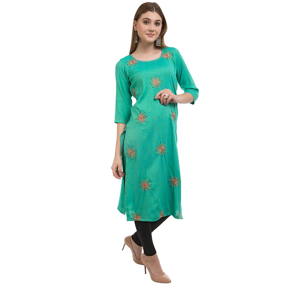 Thumbnail: UNFAKENOW  Women Embroidered Cotton Blend Straight Green Kurta