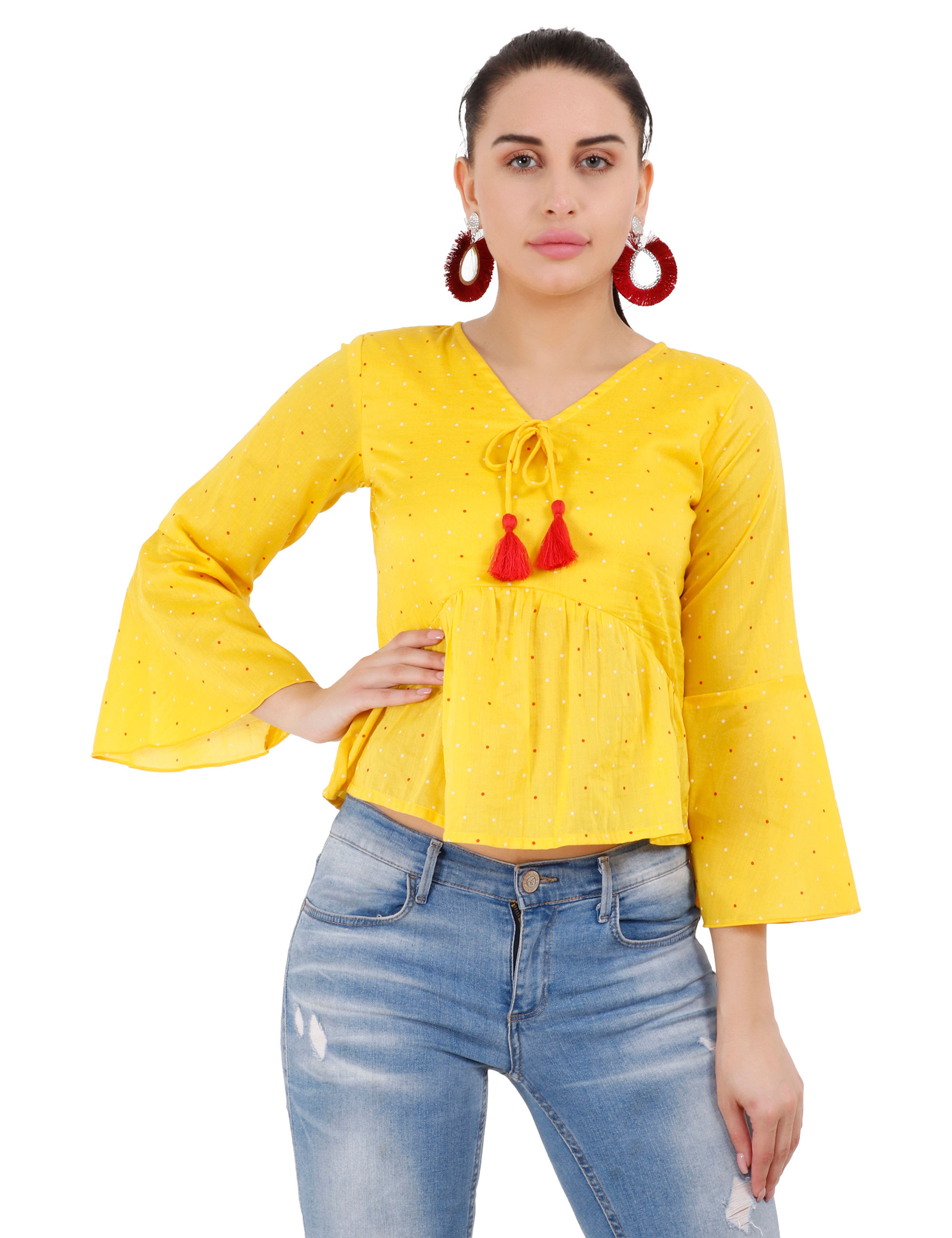 UNFAKENOW  Casual Bell Sleeve Printed Women Yellow Top