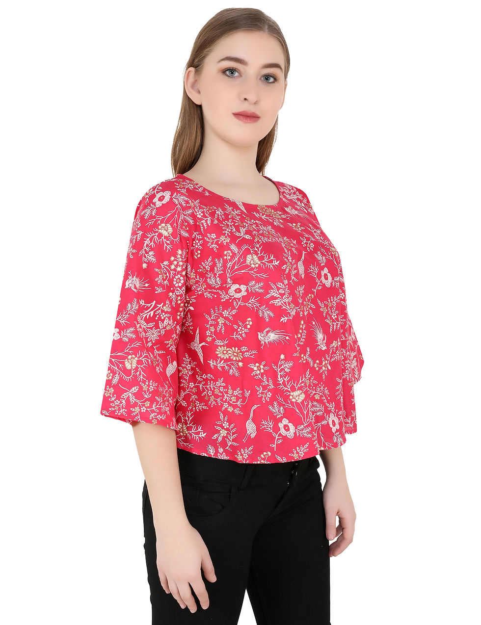 Thumbnail: UNFAKENOW  Casual Kaftan Sleeve Floral Print Women Red Top