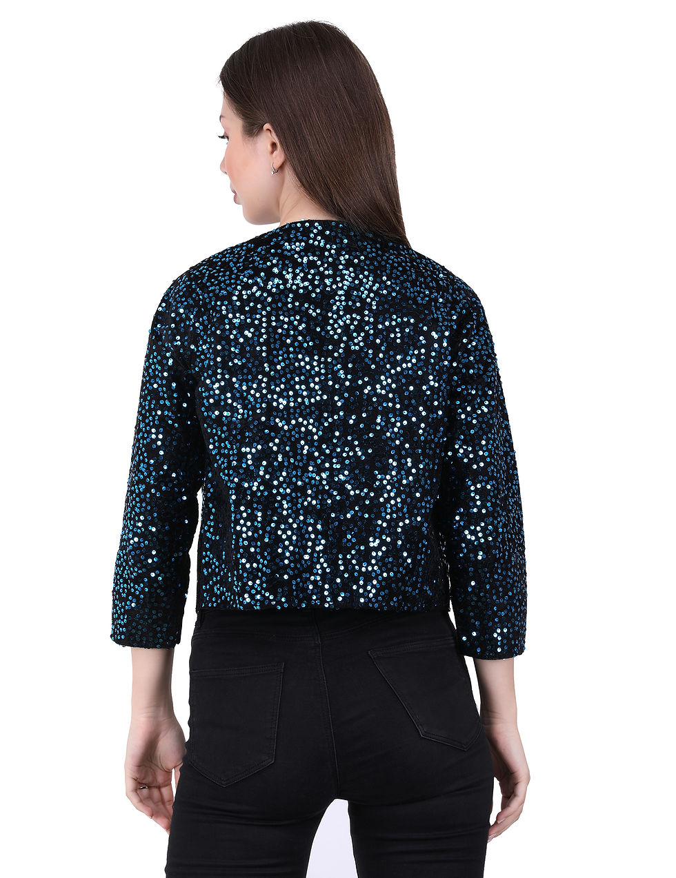 Thumbnail: UNFAKENOW  Women Jacket Style 3/4th Sleeve Sequence Embellished Dark Blue Shrug