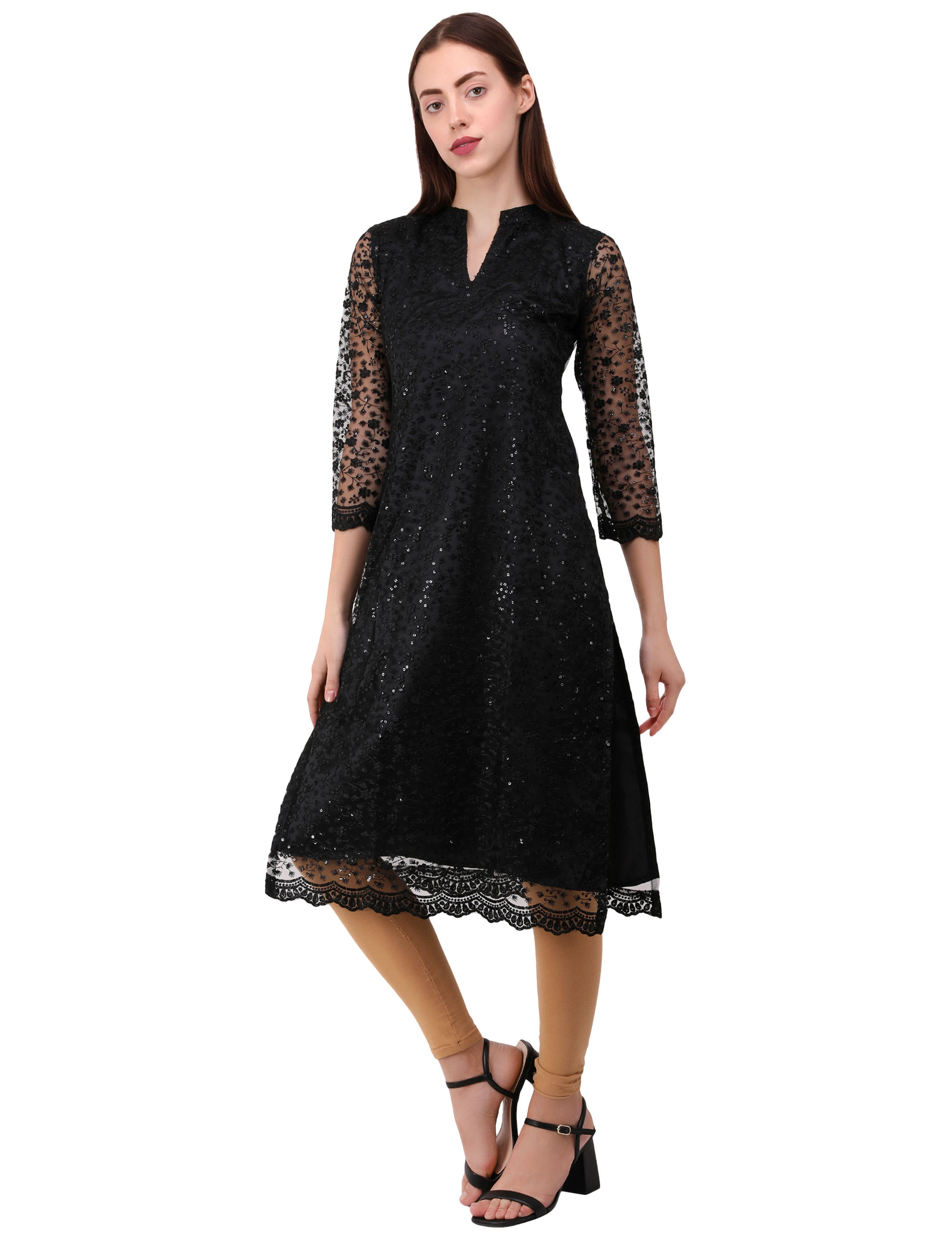 UNFAKENOW  Women Floral Embroidered Net Straight Black Kurta