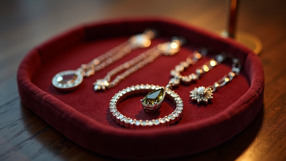 Eye-level view of elegant jewelry pieces arranged on a velvet tray