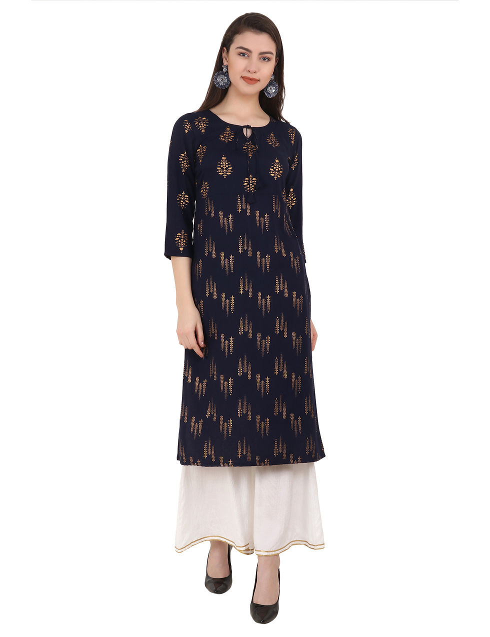 Thumbnail: UNFAKENOW  Women Printed Rayon Straight Kurti  (Dark Blue)