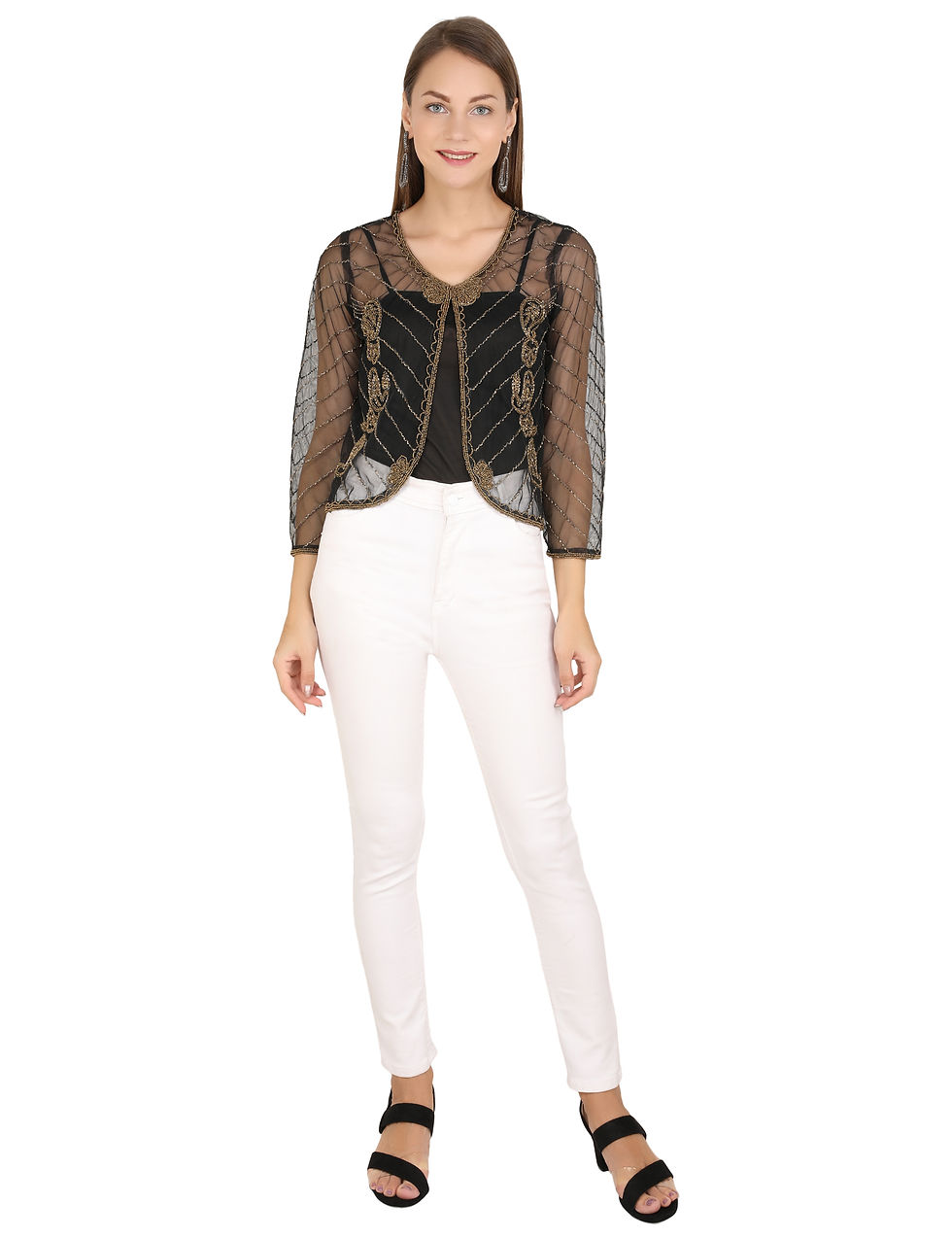 Thumbnail: UNFAKENOW  Women Jacket Style Full Sleeve Embellished Net Black Shrug