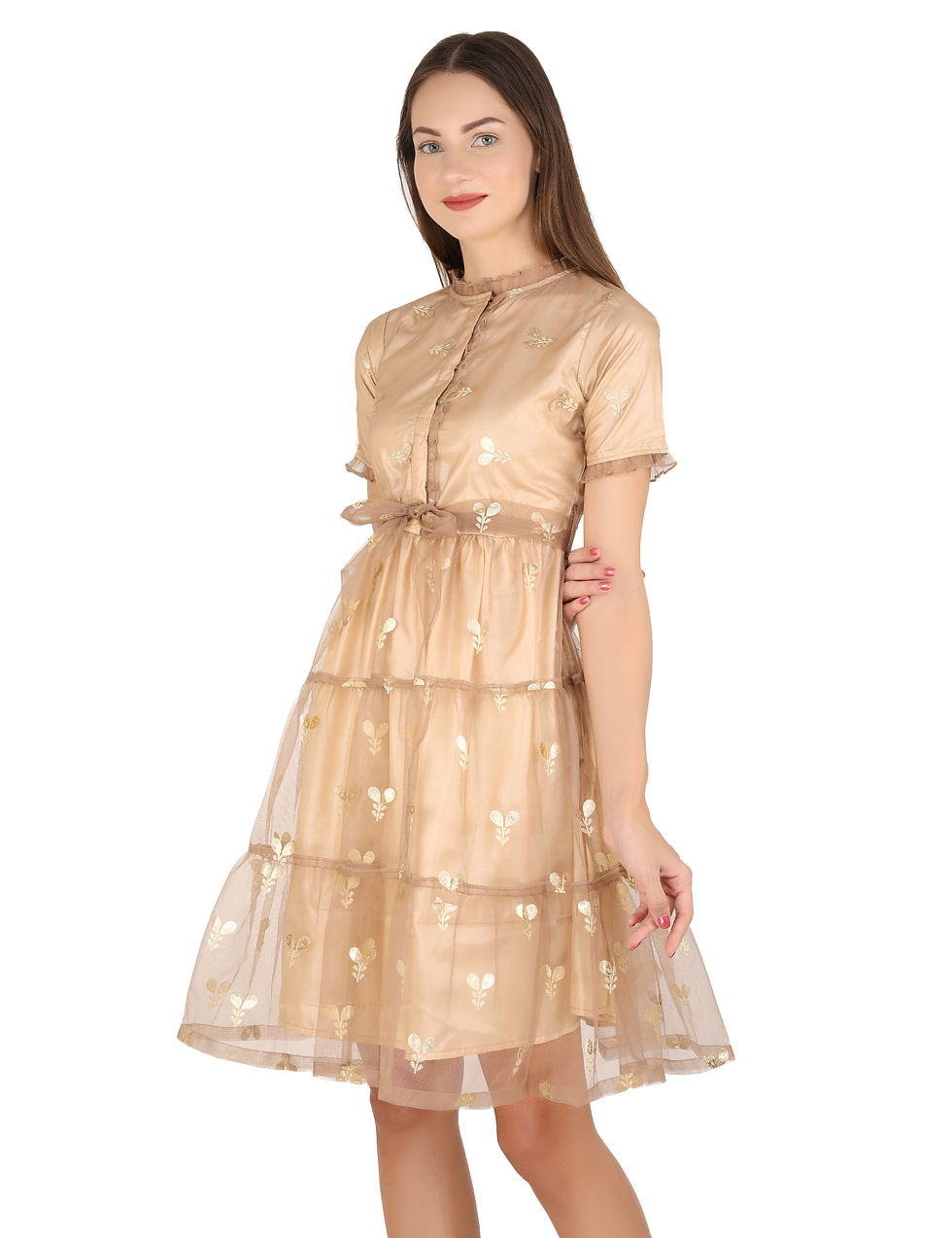 Thumbnail: UNFAKENOW  Women Floral Printed Net Peplum Beige Dress