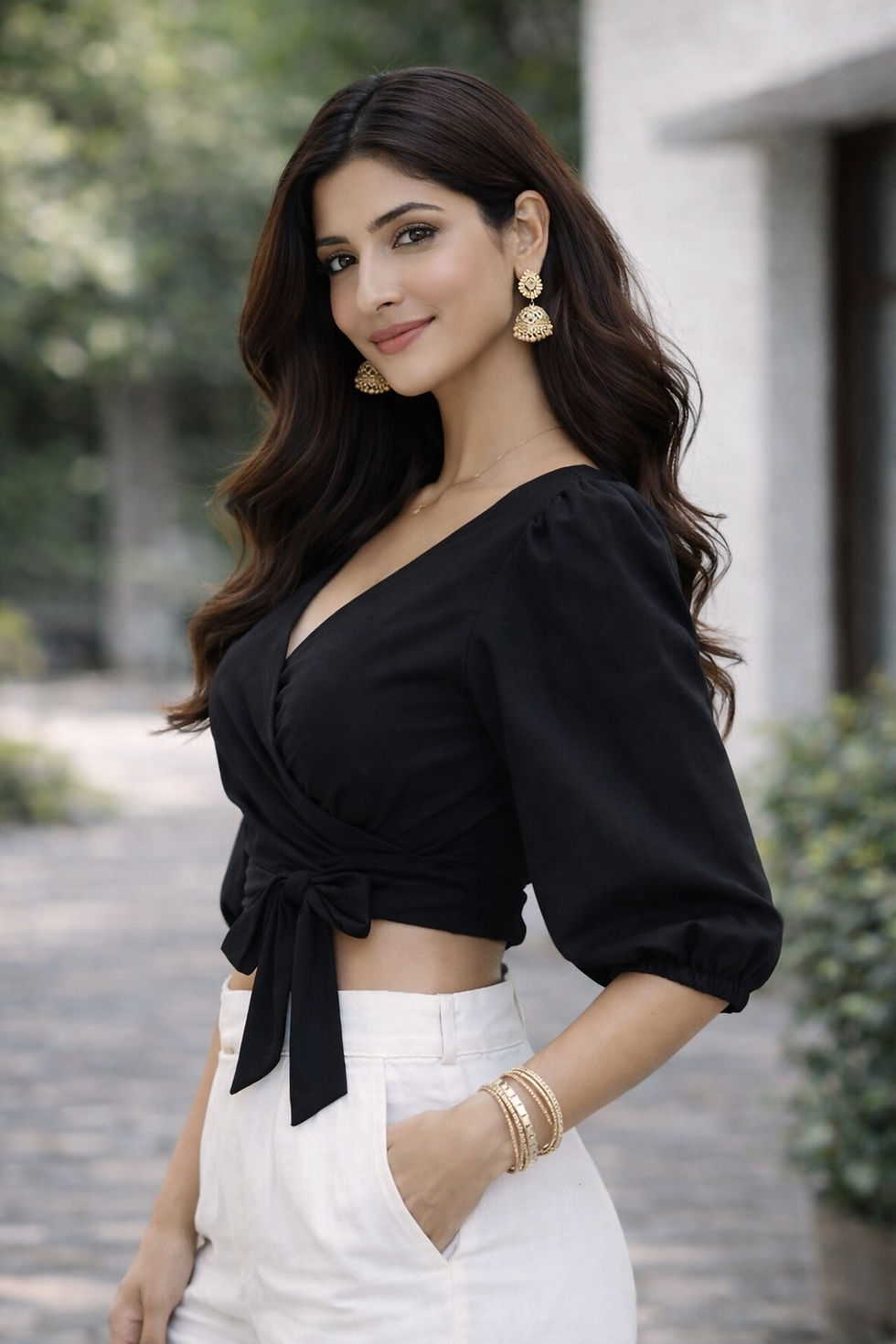 Thumbnail: Women Puff Sleeve Cotton Blend Black Wrap Crop Top