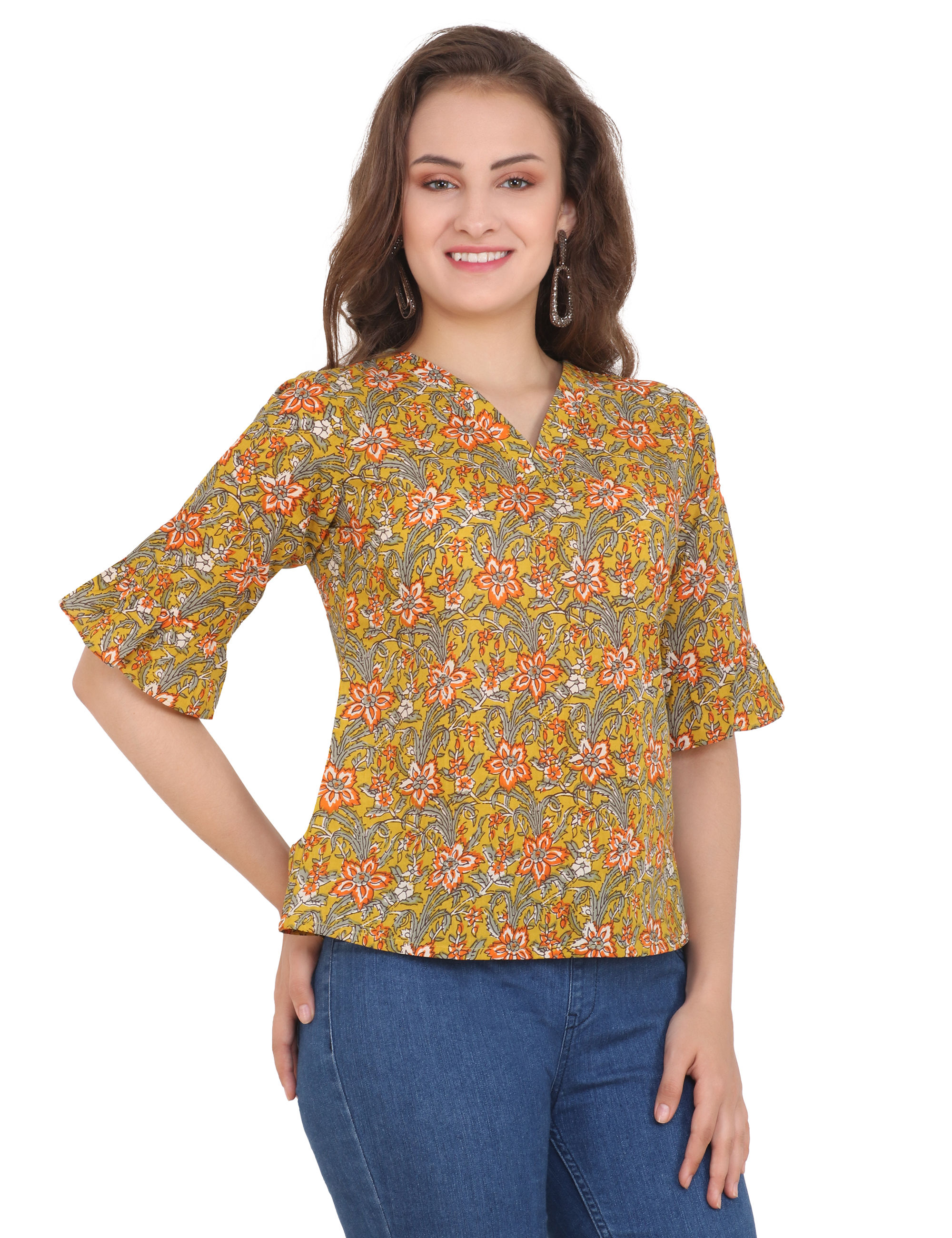 UNFAKENOW  Casual Half Sleeve Floral Print Women Brown Top