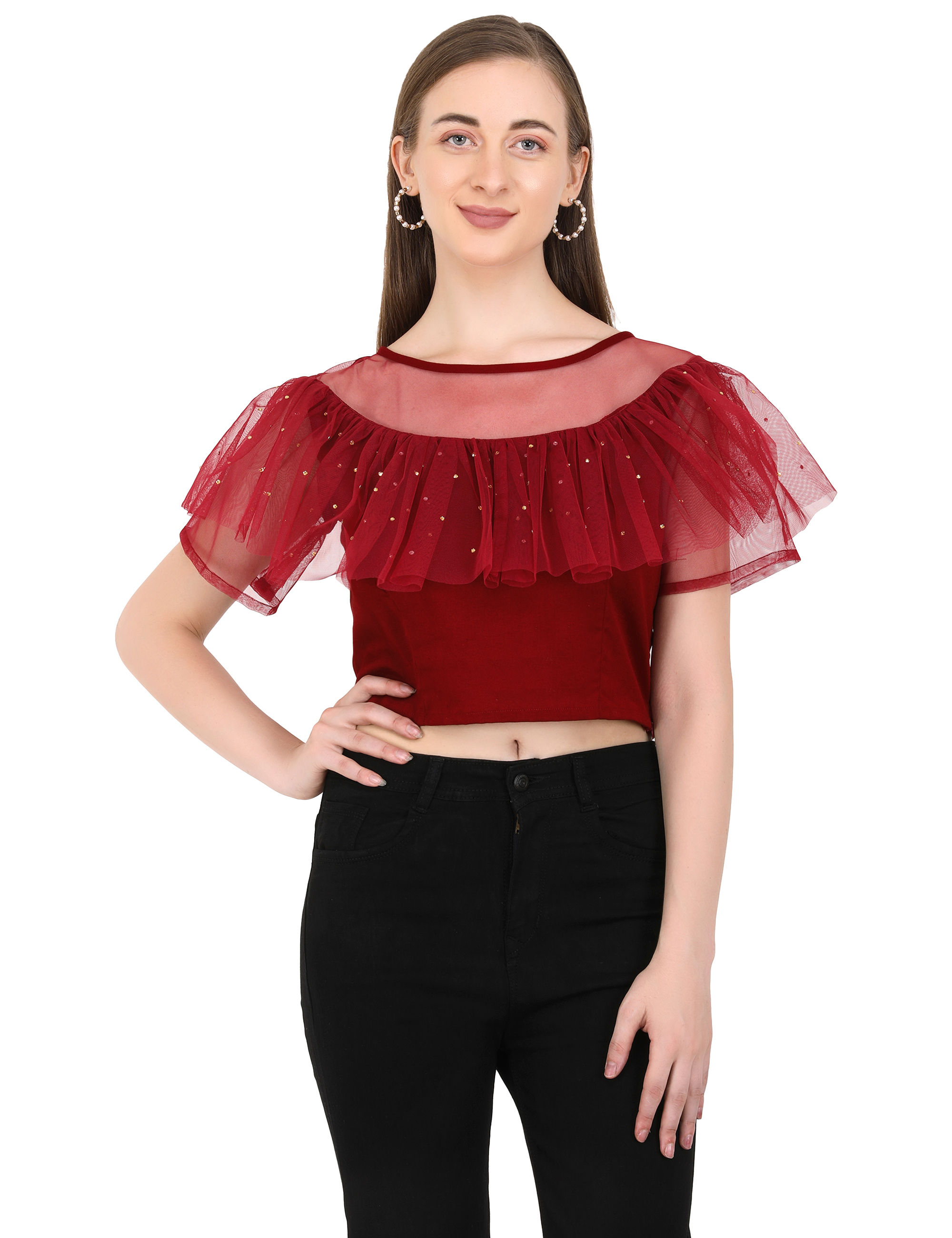 maroon ethnic sequin sheer net short cute pearl embellish women fancy cape top