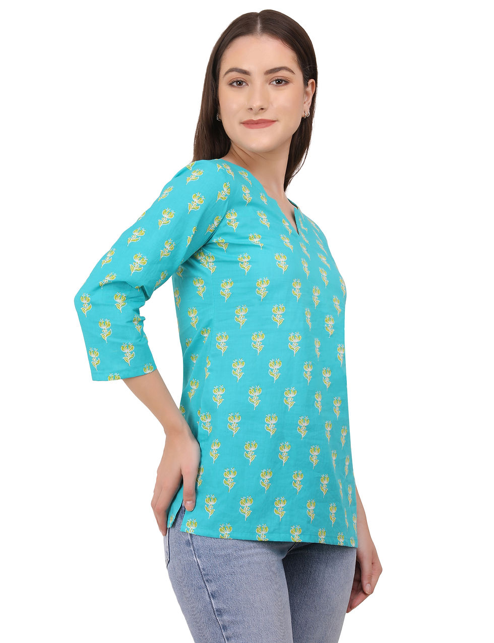 Thumbnail: Blue Casual Floral Print Going Out Plus Size Stylish Trendy New Top Tunic Kurti