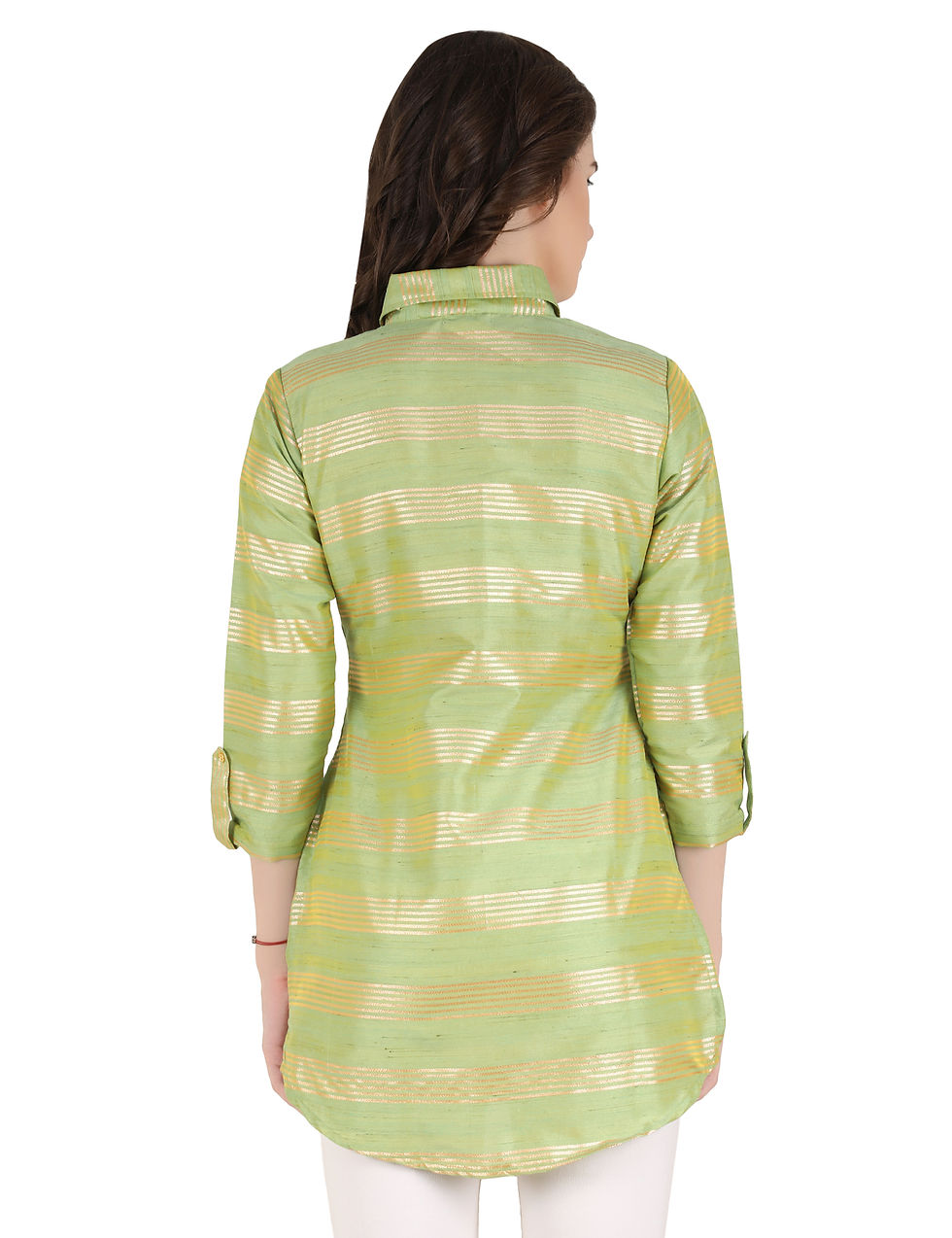 Thumbnail: stylish western casual party wear striped long sleeve collared new tunic top